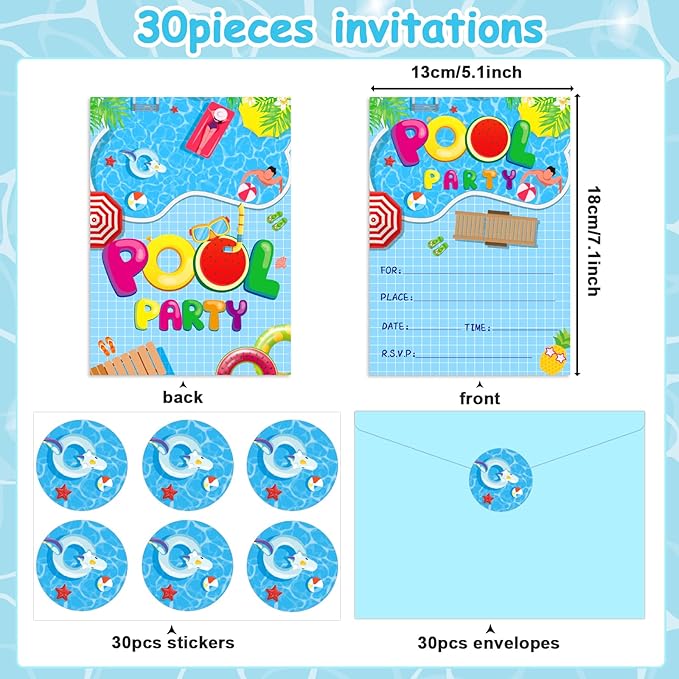 chiazllta Pool Birthday Party Invitations Boys Girls Summer Pool Invitation Cards Set for 30 Guests,Swimming Invitations Supplies with Sticker Labels Envelopes Birthday Decorations