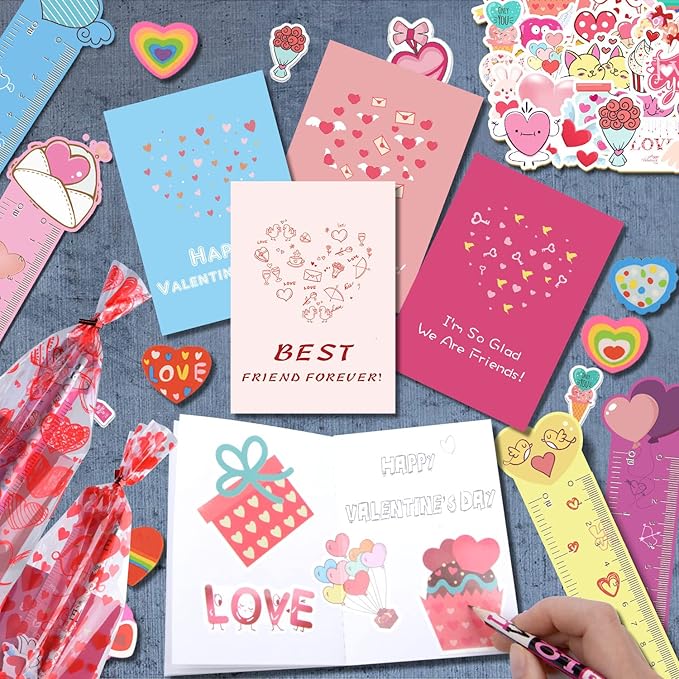 30 Pack Valentines Day Gifts for Kids Classroom Valentines Stationery Set - Valentine Pencils Notepads Rulers Erasers Valentines Treat Bags Party Favors for Kids