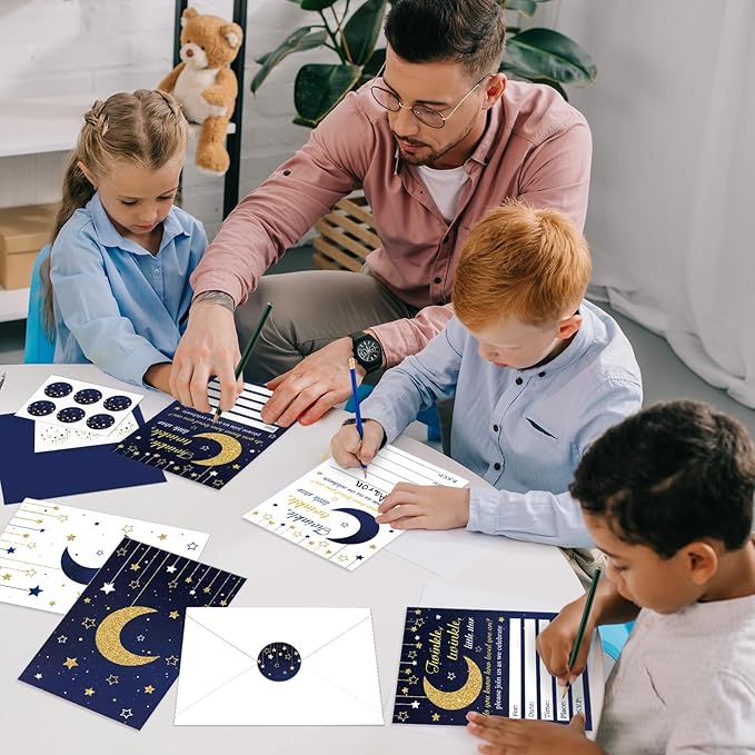 Qyeahkj 36pcs Stars Invitations Twinkle Little Star Baby Shower Invitation Cards with Envelopes Moon and Star Baby Shower Decorations Blue Gold Foil Baby Shower Party Invites for Baby Gender Supplies