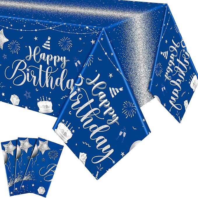 Tudomro 3 Pcs Happy Birthday Tablecloths Happy Birthday Party Decorations Plastic Table Cover Rectangular Cloths for Women Men Baby Shower Party Supplies, 108 x 54 Inch (Blue Silver)