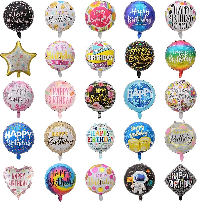 100Pcs Happy Birthday Balloon - Helium Foil Balloon for Birthday Party Decoration, with Ribbons, Suitable for Children, Adults, Anniversaries, Baby Showers(25 Style)