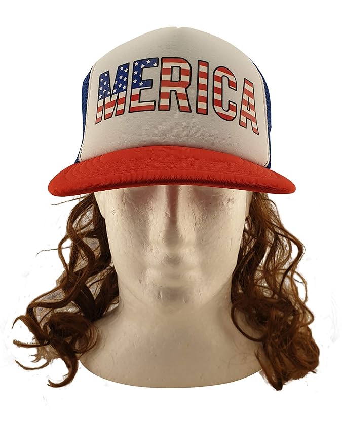 HandinHandCreations USA Mullet Hat Brown Wig Merica 4th of July All American Costume One Size Fits Adult - Cotton Hat