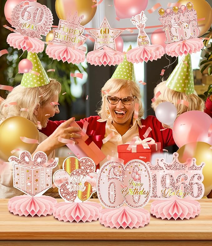 9 Pcs 60th Birthday Decoration for Women Happy 60th Birthday Table Honeycomb Decorations Rose Gold Pink Centerpieces Tables Toppers1965 Decor Cheers to 60 Years Old Birthday Party Favors