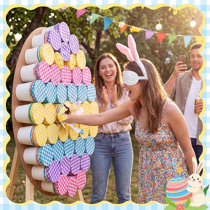 Capoda 60 Pack Easter Punch Game Set Easter Egg DIY Prize Punch Box Game Include 60 Pcs 16oz Plastic Cups 60 Sheet Tissue Paper Pens Blindfolds and 160 Pcs Rubber Bands for Outdoor Indoor Family Party