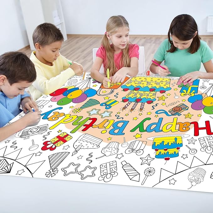 ZOIIWA Happy Birthday Coloring Poster for Kids Giant Coloring Sheet Classroom Large Big Birthday Tablecloth for Wall Jumbo Page Books Party Game Crafts Activity Supplies Decoration Favor