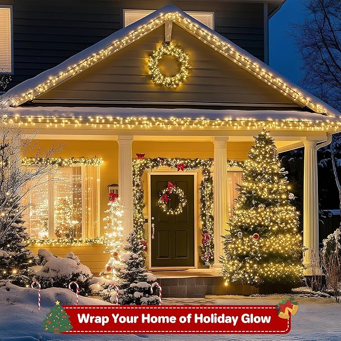 Christmas Lights Outdoor 100LED 33FT, Green Wire Connectable Christmas String Lights | 8 Modes Twinkle Fairy Lights Plug in with Timer, for Indoor Outside Xmas Trees Garden Party, Warm White