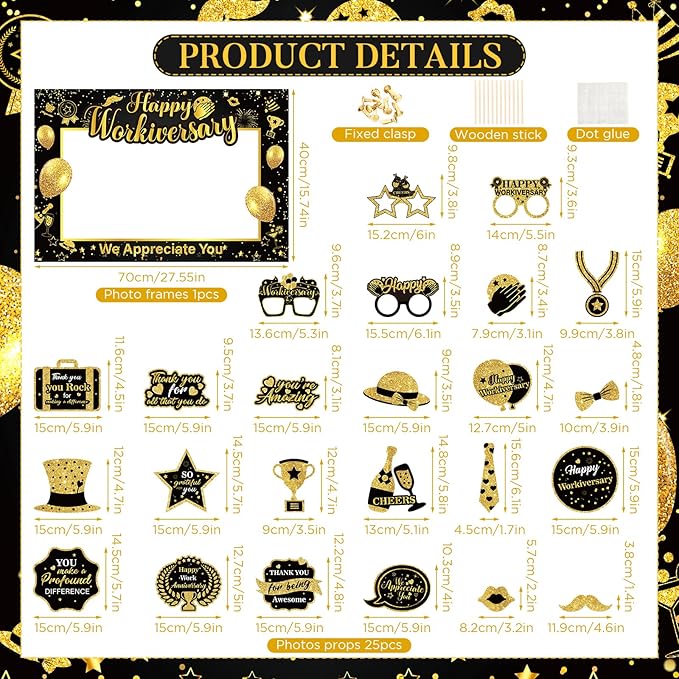 We Appreciate You Thank You Decorations Happy Work Anniversary Decorations Black Gold Selfie Photo Frame & 25pcs Photo Booth Props for Employee Staff Teacher Doctor Graduation Party Decor Supplies