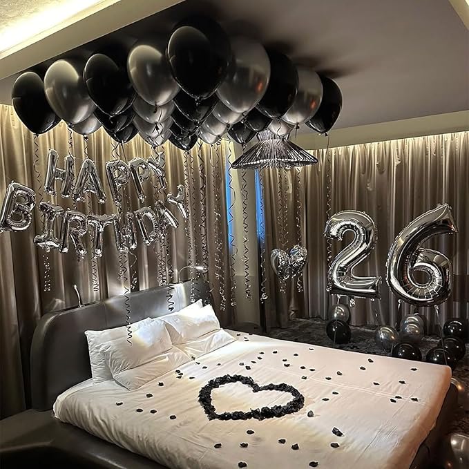 Black and Silver Balloons Garland Arch Kit 144pcs 18/12/10/5inch Black and Metallic Silver Latex Balloons for Birthday Graduation Wedding Retirement Anniversary Baby Shower New Years Party Decorations