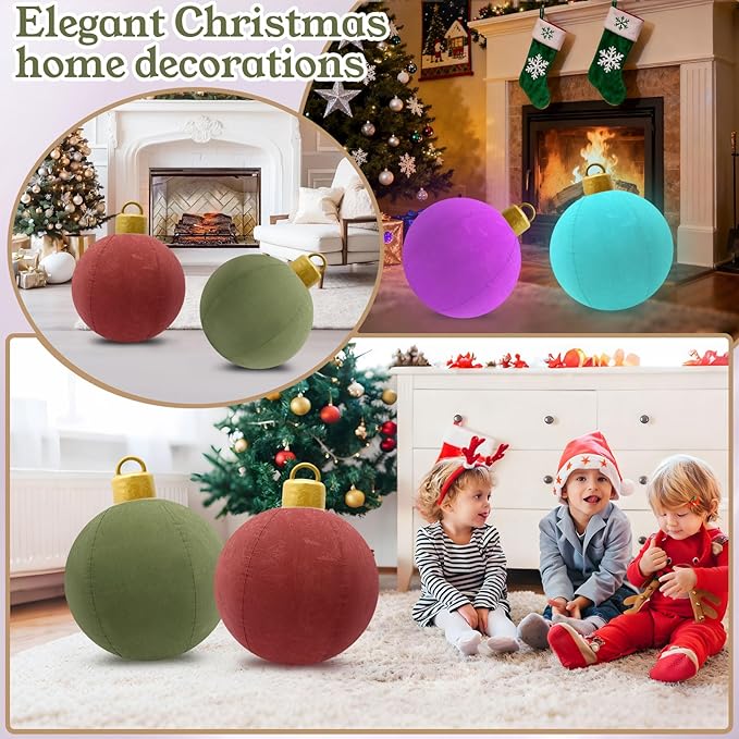 2 Pcs 24-Inch LED Velvet Inflatable Balls Christmas Decorations, Large Flocked PVC Decorations with 12 Colors & Remote, for Outdoor and Indoor Holiday Decor(Green, Brown)