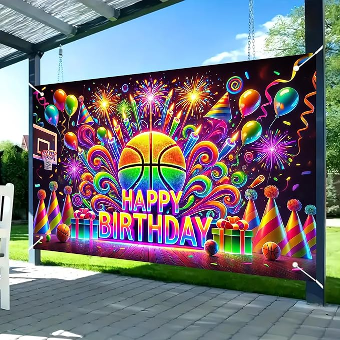 Nuxovilar Happy Birthday Banner Neon Basketball - Sports Party Backdrop, 71x43 Inch Glow Yard Sign for Boys Game Night Decor