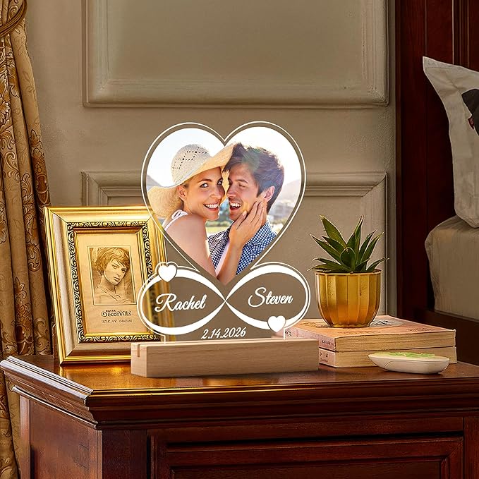 Custom Picture Frames with Photo, Custom Photo Frame with Night Light, Personalized Picture Frame, Personalized Anniversary Couple Gifts for Women Men Him Her Girlfriend Boyfriend Wife