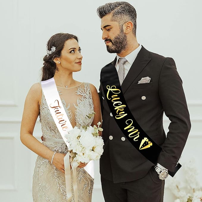 Future Mrs & Lucky Mr - Bride to Be & Groom to Be Sash Kit, Gold Glitter Bachelorette & Bachelor Sash for Wedding Bridal Shower Party Decorations Engagement Gifts (White and Black)