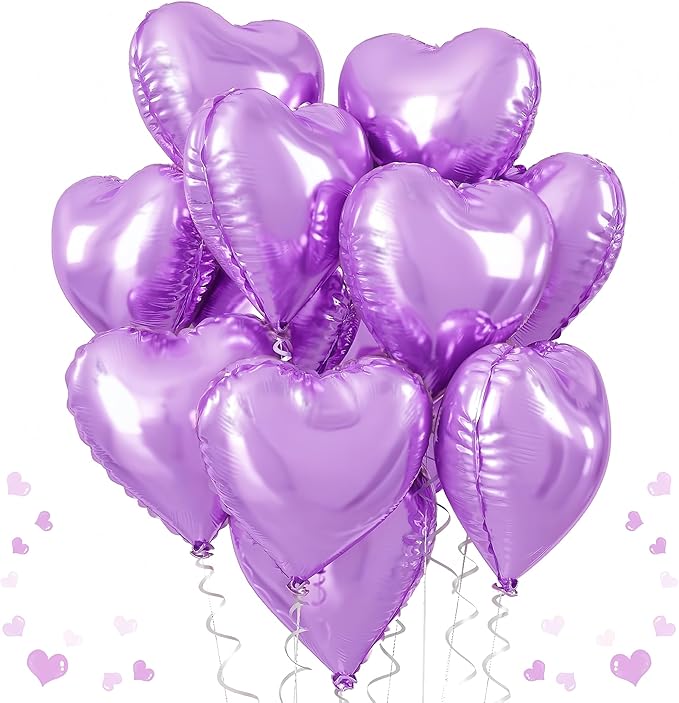 Purple Foil Heart Balloons, 12Pcs Lavender Purple Heart Shape Foil Balloons, 18 Inch Light Purple Helium Heart Balloons for Girls Women Birthday Wedding Baby Shower Valentines Anniversary