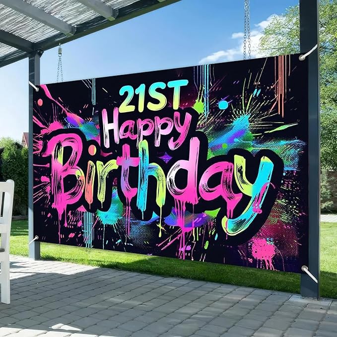 Neon 21st Happy Birthday Banner 71x43 Inch Paint Splatter Glow in The Dark Party Backdrop Colorful Wall Decor for Adults Boys Girls Twenty First Birthday Celebrations Props Event Supplies