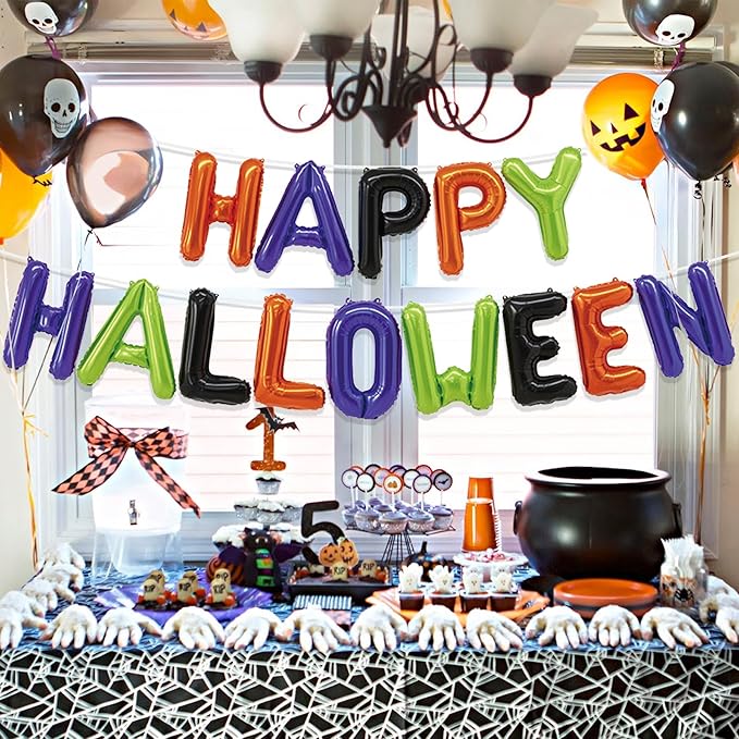 Tellpet Happy Halloween Balloons Banner, Halloween Party Decorations for Home Yard Decor Backdrop Sign, Colorful
