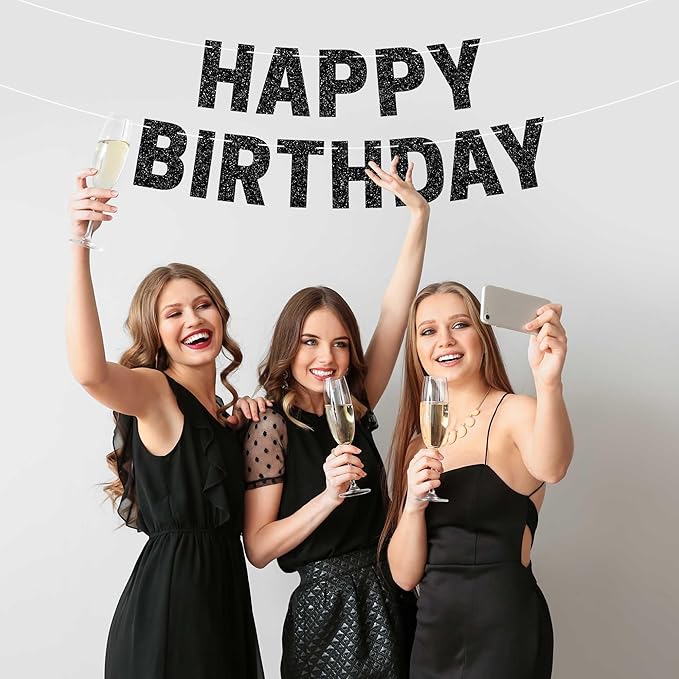 Pre-strung Happy Birthday Banner - No DIY - Black Glitter Birthday Party Banner - Pre-strung Garland on 8 ft Strands - Black Bday Party Decorations & Decor for Men & Women. Did We Mention No DIY