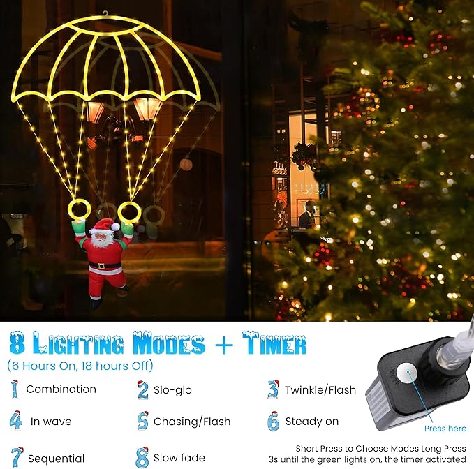 Toodour Christmas Decorations Lights Outdoor, 2.8FT Christmas Parachute Lights with Santa Claus, Waterproof 8 Modes Hanging Warm White Xmas Light - Holiday Decorative Light for Indoor Eave Roof