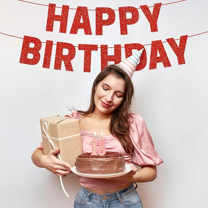 Pre-strung Happy Birthday Banner - No DIY - Red Glitter Happy Birthday Party Banner for Men Woman Boys Girls - Pre-strung on 8 ft Strands - Red Bday Party Decorations & Decor. Did We Mention No DIY