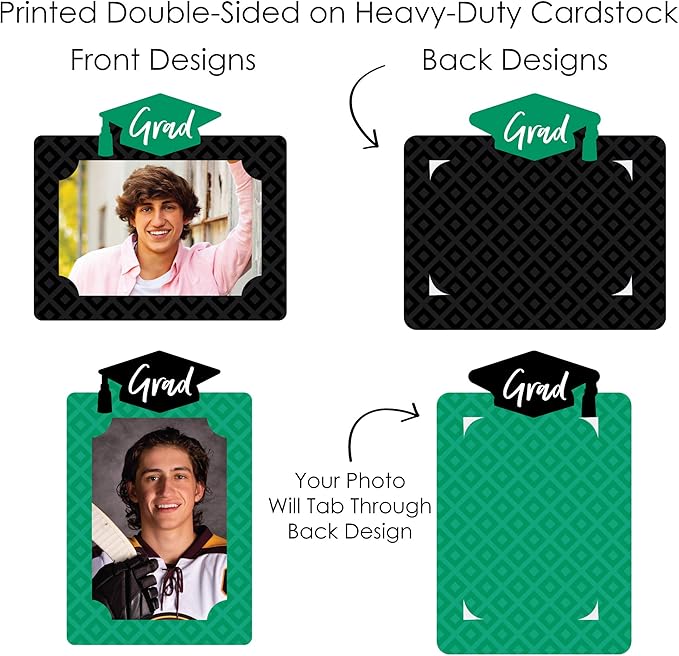 Green Grad Graduation Decoration, Photo Display Centerpiece Kit - 15 Double-Sided Photo Table Topper Sticks, Vertical and Horizontal 4x6 Picture Holders, DIY Party Supply Set
