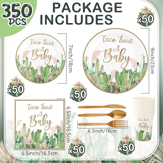 350 Pcs Taco' Bout A Baby Party Decorations Cactus Taco Pampas Grass Baby Shower Party Tableware Set Disposable Plates Cups Napkins Cutlery for Birthday Baby Shower Wizard Party, Serve 50