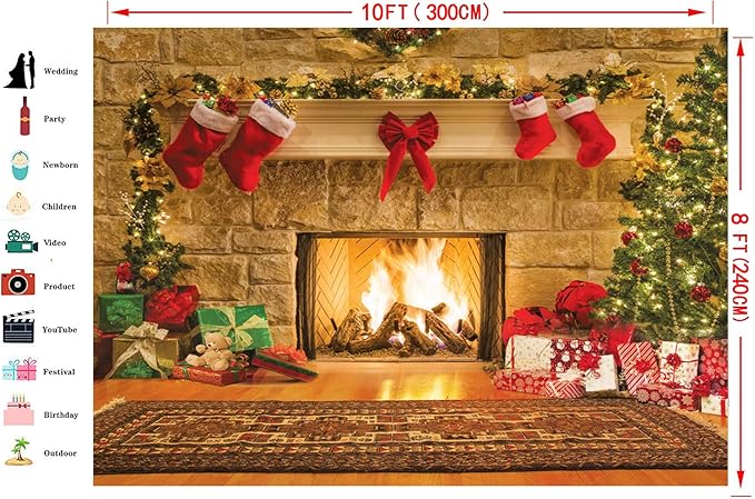 CYLYH 10x8ft Christmas Photography Backdrops Child Christmas Fireplace Decoration Background for PhotoChristmas Party Background