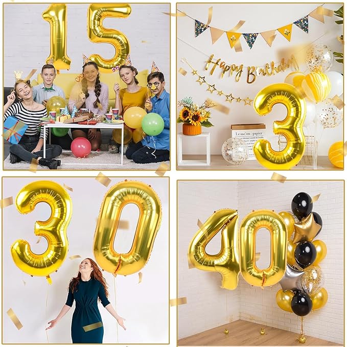 40 inch Gold Number Balloon Giant Foil Helium Balloons Gold Number 3 Balloon for 3rd Birthday Party Anniversary Decorations Supplies