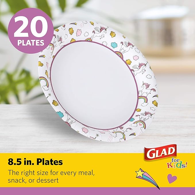 Glad for Kids Unicorn Theme Kids Plates, Heavy-Duty Round Disposable Paper Plates with Soak-Proof Coating, Microwave Safe for Snacks & Meals, Cute Unicorn Print, 8.5 Inch, 20 Count