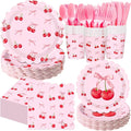 400 Pcs Cherry Birthday Party Decorations for 50 Guests, Red Pink Cherry Bow Scalloped Paper Plates Napkins Cups Cutlery for Pink Bow Coquette Baby Shower Bridal Shower Party Supply