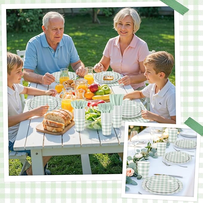 175 Pcs Gingham Paper Plates, Sage Green Baby Shower Decorations Include Sage Green Plates and Napkins Disposable Checkered Dinnerware Set for Bridal Shower, Wedding, Birthday
