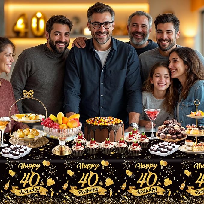3 Pack 40th Birthday Plastic Tablecloth, 54x108 Inch Black Gold Disposable Rectangle Table Cover Waterproof Table Cloth for Birthday 40 Anniversary Party Supplies