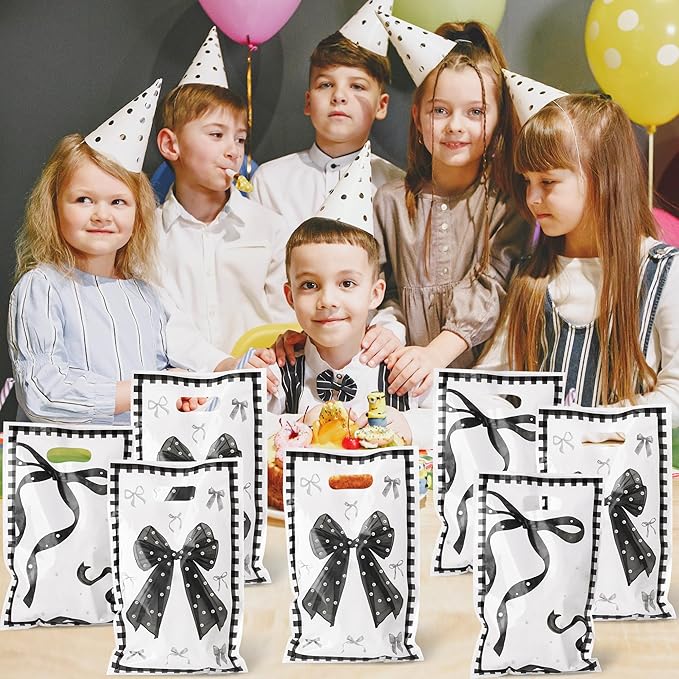 Black Bow Party Favor Bags - 50Pcs Black Bow Knot Goody Candy Treat Gifts Bags, Trendy Preppy Girls Theme Party Decorations for Women Girls Birthday Wedding Bridal Shower Bachelorette