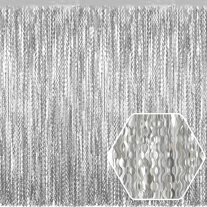 4 Pack Silver Wave Foil Fringe Curtain Backdrop, 3.28Ft x 8.2Ft Metallic Tinsel Foil Fringe Streamer Curtains for Photo Booth, Mother's Day, Easter, Birthday, Wedding Party Decoration