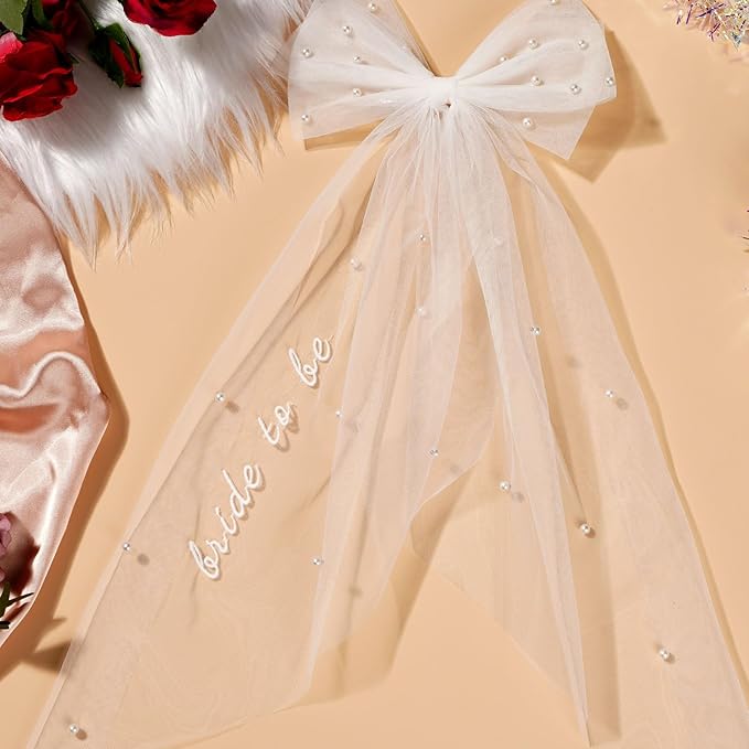Bride to Be Embroidered Hair Bow Veil for Bachelorette Party Bridal Shower Tulle Pearl 2 Tier Bow Veil Engagement Accessory Bride Gift Velos De Novia (Style A)