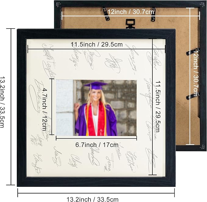 GraduatePro 12x12 Graduation Signature Board Picture Frame with 5x7 Mat for Wedding Birthday Guest Book Signing, Black with Off White Mat