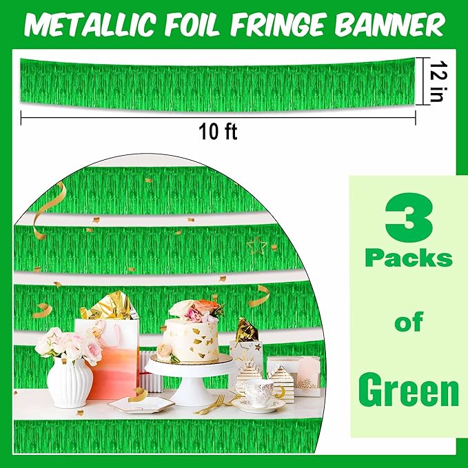 3 Pack 10 Ft Green Foil Fringe Garland Metallic Streamers Tinsel Banner Wall Hanging Garland Backdrop for Parade Floats, Halloween, Christmas, Thanksgiving, New Year Party Decorations