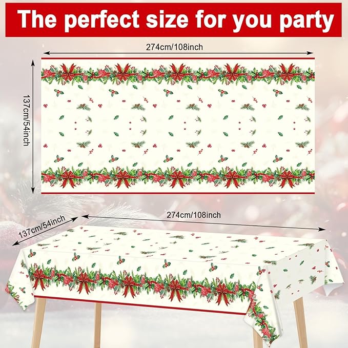 OBUSATT 3pcs Christmas Party Tablecloth Holly and Pine Cone Merry Christmas Holiday Table Cloth 108 x 54 Inch Rectangle Waterproof Xmas Holiday Table Cover Decorations for Christmas Party Supplies