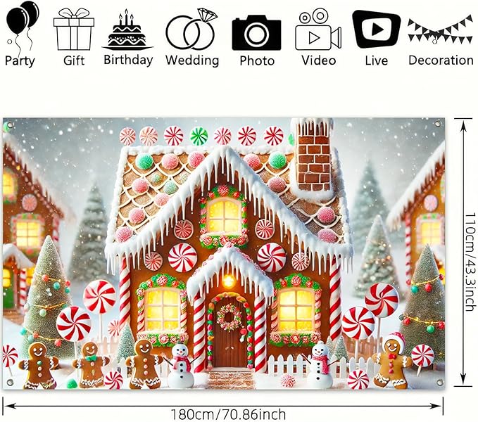 Christmas Banner Gingerbread House Peppermint Candy Cane Snowman Holiday Winter Wonderland Party Wall Decor Backdrop for Home Indoor Outdoor Photo Prop 71 X 43 Inches Large Banner