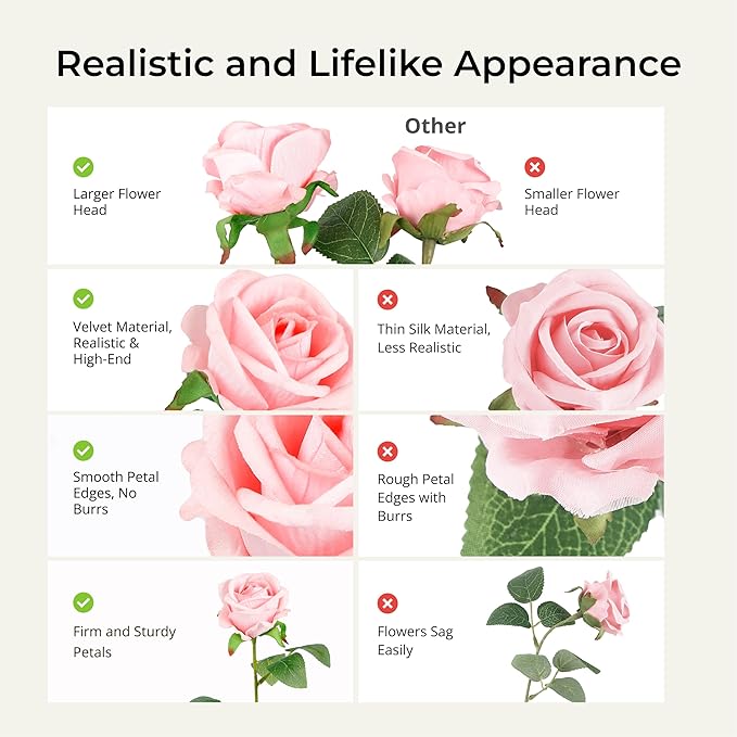 Auihiay 60PCS Pink Roses, Artificial Roses, Velvet Silk Fake Roses, Realistic Pink Artificial Flowers for Wedding Centerpieces, Bridal Bouquets, Home Decor, Anniversary, Spring Easter Decorations