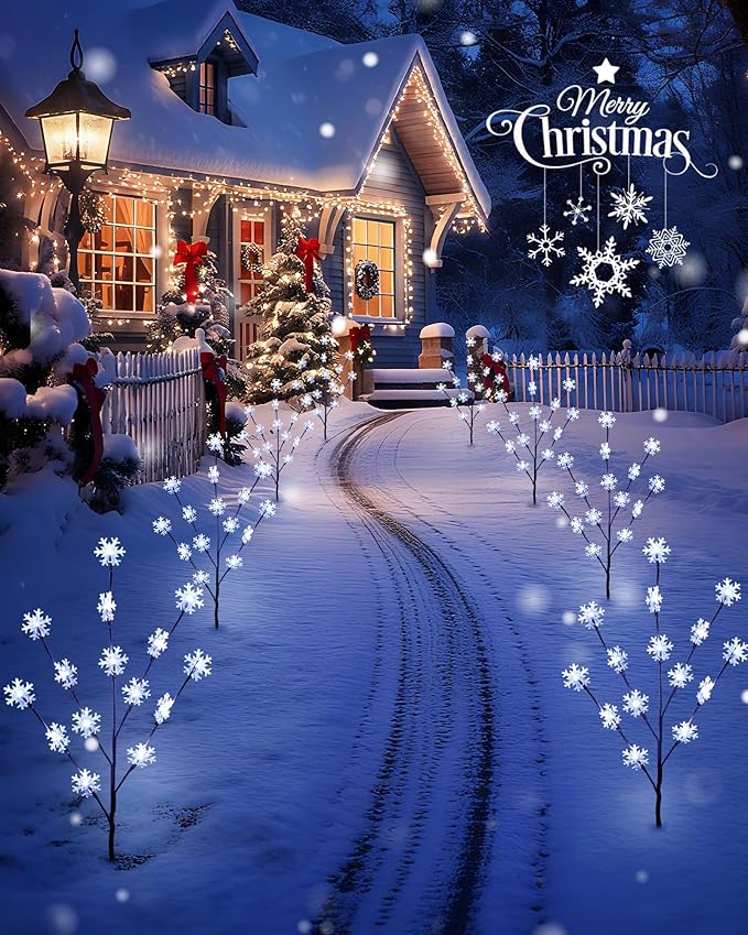 Brightown Snowflake Lights Outdoor Pathway, 4 Packs Lighted Branches Christmas Yard Decor, Small Christmas Tree with Lights, Twig Branch Light Outdoor Christmas Decorations Yard, White