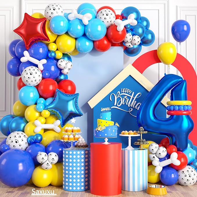 4th Birthday Decorations Boy, Dog Paw Fourth Birthday Balloons Arch with Red Blue Yellow Latex Balloons and Long Balloon Number 4 and Star Foil Balloon for Paw Party Supplies