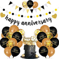 Happy Anniversary Decorations, Glitter Gold Black Happy Wedding Decorations Sets with Banner, Cake Topper, Glitter Hanging and Balloons for All Ages' Anniversary Party Decorations