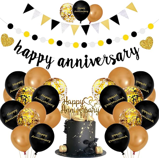 Happy Anniversary Decorations, Glitter Gold Black Happy Wedding Decorations Sets with Banner, Cake Topper, Glitter Hanging and Balloons for All Ages' Anniversary Party Decorations