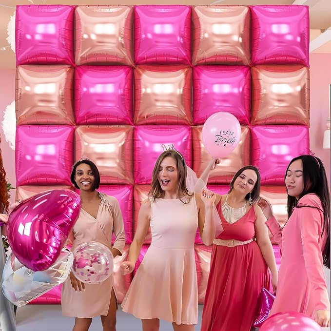 Hot Pink Rose Gold Square Foil Balloons Wall, 25PCS Double Sided Chrome Deep Pink Rose Balloons Tunnel Arch Kit Backdrop for Girls Birthday Party Bridal Shower Wedding Engagements Decorations