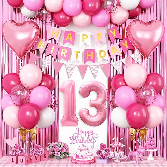 13th Birthday Decorations for Girls,Hot Pink 13th Birthday Balloons with Happy Birthday Banner Fringe Curtain Heart Foil Balloons for 13 Year Old Birthday Decor