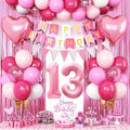 13th Birthday Decorations for Girls,Hot Pink 13th Birthday Balloons with Happy Birthday Banner Fringe Curtain Heart Foil Balloons for 13 Year Old Birthday Decor