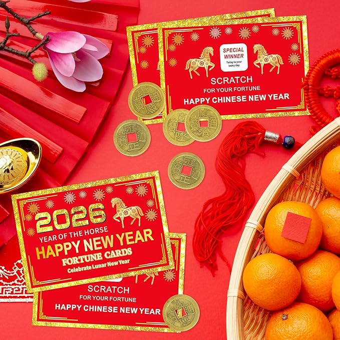24 Counts Chinese New Year 2026 Horse Theme Scratch Off Fortune Cards with 24 Fortune Coins, Lunar New Year Scratch Game Cards, Spring Festival Party Supplies for Presents Gifts