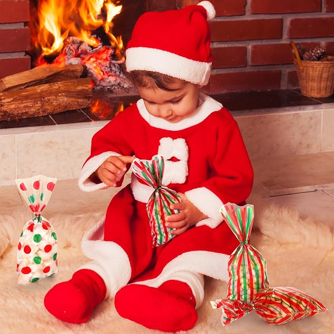 Aneco 100 Pack Christmas Cellophane Bags Classic 10.6 x 5.1 Inch Red Green Plastic Candy Bags Gift Goodie Bag with Twist Ties for Christmas Birthday Gift Cookie Snack Packing Party Favor Supplies