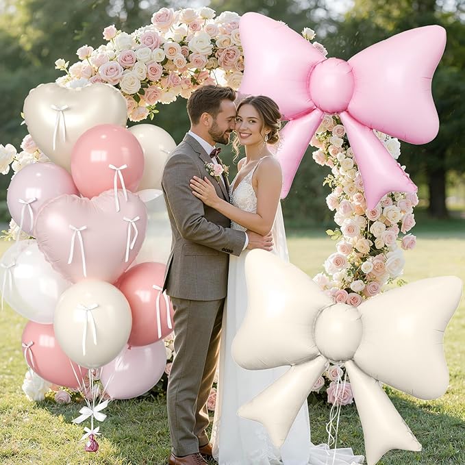 Paready Pink and Cream Heart Balloons, 38 Inch Bow Balloons, Dusty Pink Pearl White Sand White Balloon and Bow Heart Shaped Foil Balloon for Girls Birthday Bridal Baby Shower Valentines Decorations