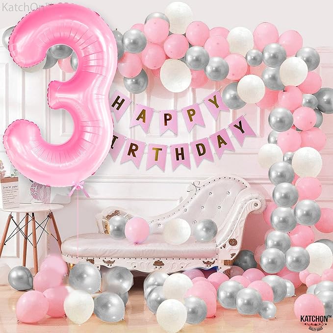 KatchOn, Large Pink Number 3 Balloon - 40 Inch | Mylar Foil Balloon For 3rd Happy Birthday Decorations | Pink Number 3 Balloon For 3rd Anniversary Decorations | Birthday Party Decoration
