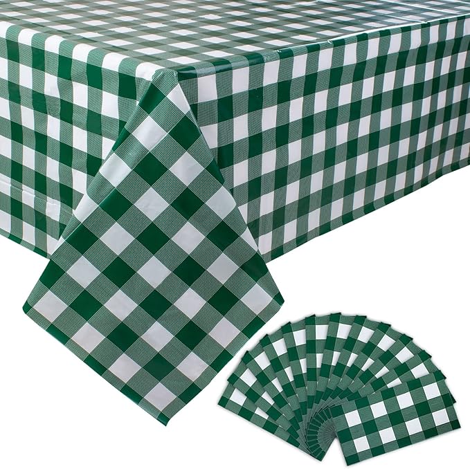 Kesfey 12 Packs Green and White Checkered Tablecloths Party Picnic Disposable Table Covers 54 × 108 Inches Splashproof Plastic Checkered Gingham Tablecover for Outdoor Dinners Party Retro Celebrations